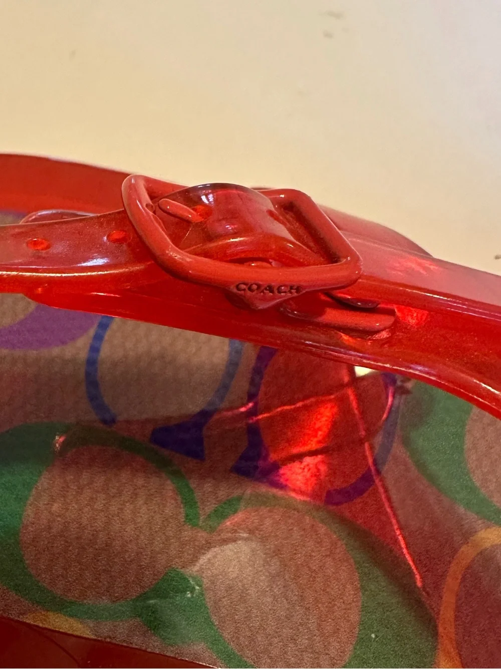 Coach Red Jelly Thong Sandals with Multi Color Signature C Footbed Sz 10